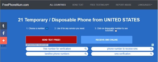 FreePhoneNum.com là nền tảng cho phép bạn tạo số điện thoại ảo